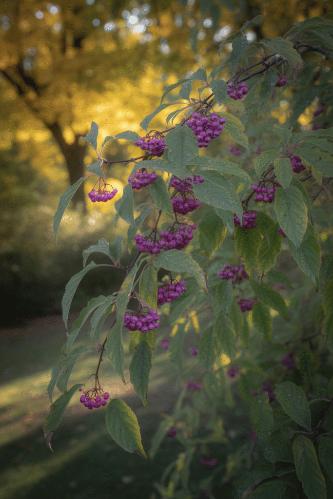Clusters of purple berries glowing against autumn-colored leaves.

