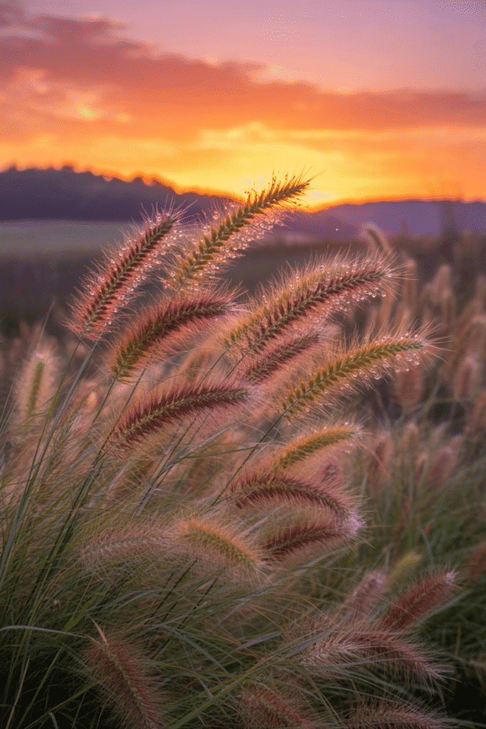 Fall ornamental grasses with soft plumes catching golden light.

