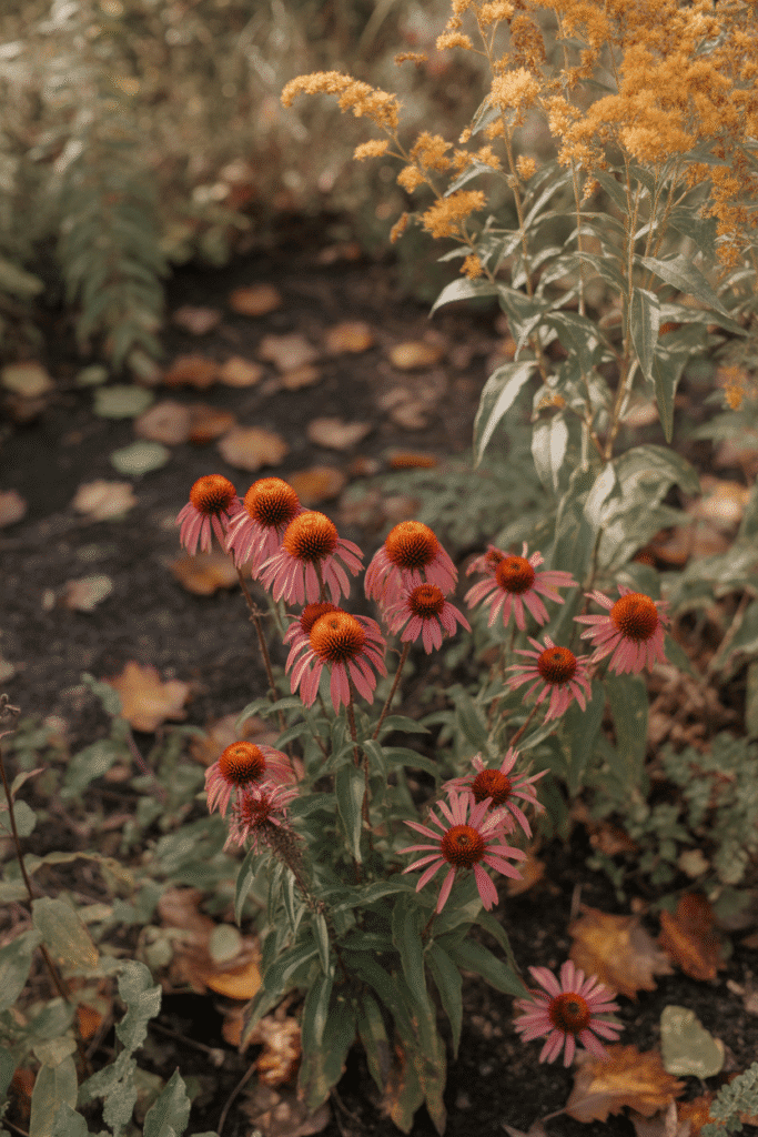 Natural fall garden with seed heads and fallen leaves creating a peaceful seasonal scene.