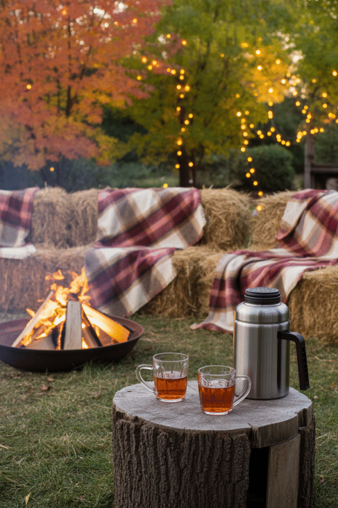 Hay bale benches styled with pumpkins for rustic fall seating.