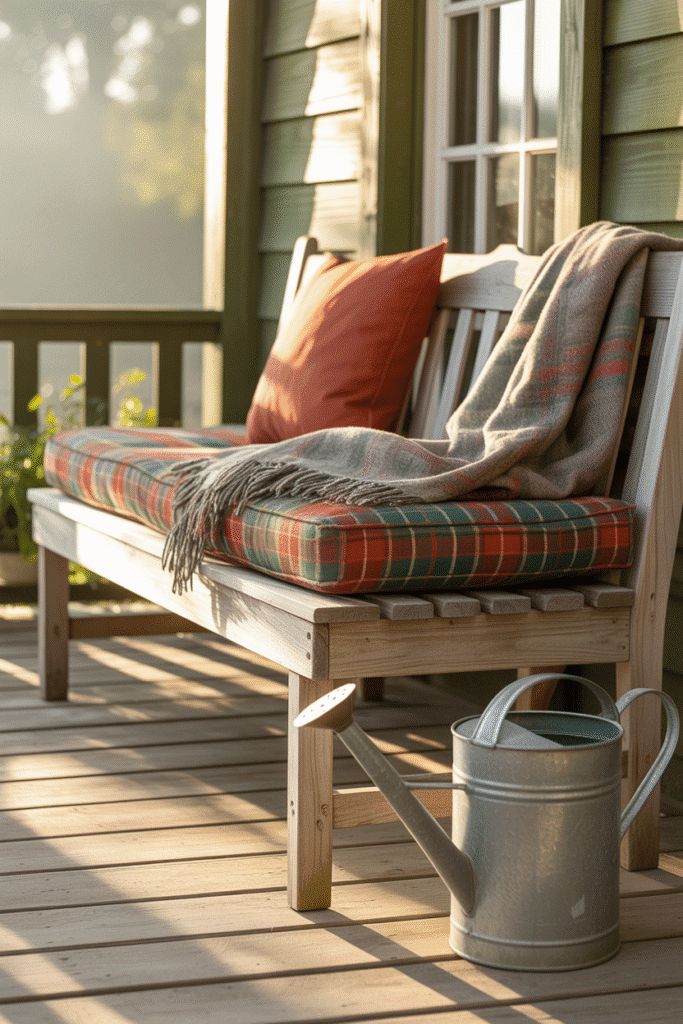 As a part of fall outdoor decor this picture shows cozy porch bench with plaid pillows and a fall throw blanket.