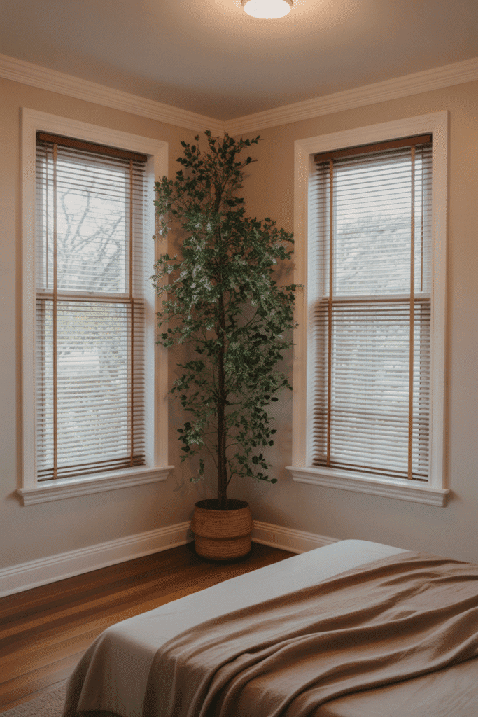 Indoor plant softens the corner space between two windows, adding natural warmth to the room.