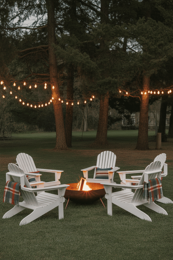 Fall fire pit seating with Adirondack chairs and cozy blankets.