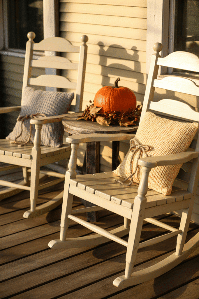 Fall porch setup with rocking chairs and seasonal pillows.