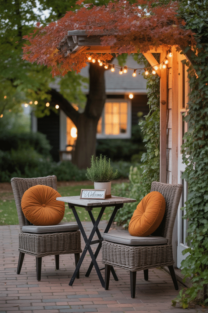 Fall bistro seating corner with table, chairs, and cozy accents.