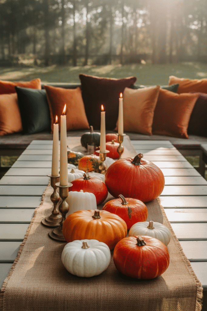 Rustic picnic table styled for fall outdoor dining.
