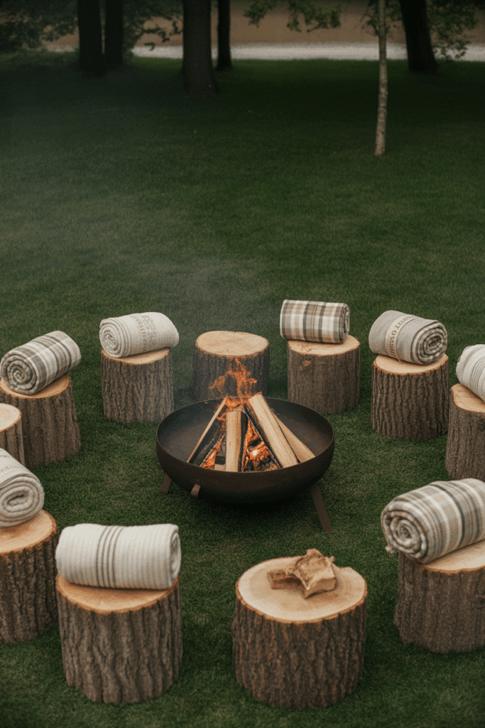 Tree stump seating around a cozy backyard fire pit.