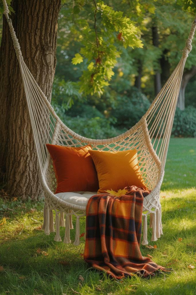 Cozy hammock chair surrounded by fall leaves and soft cushions.