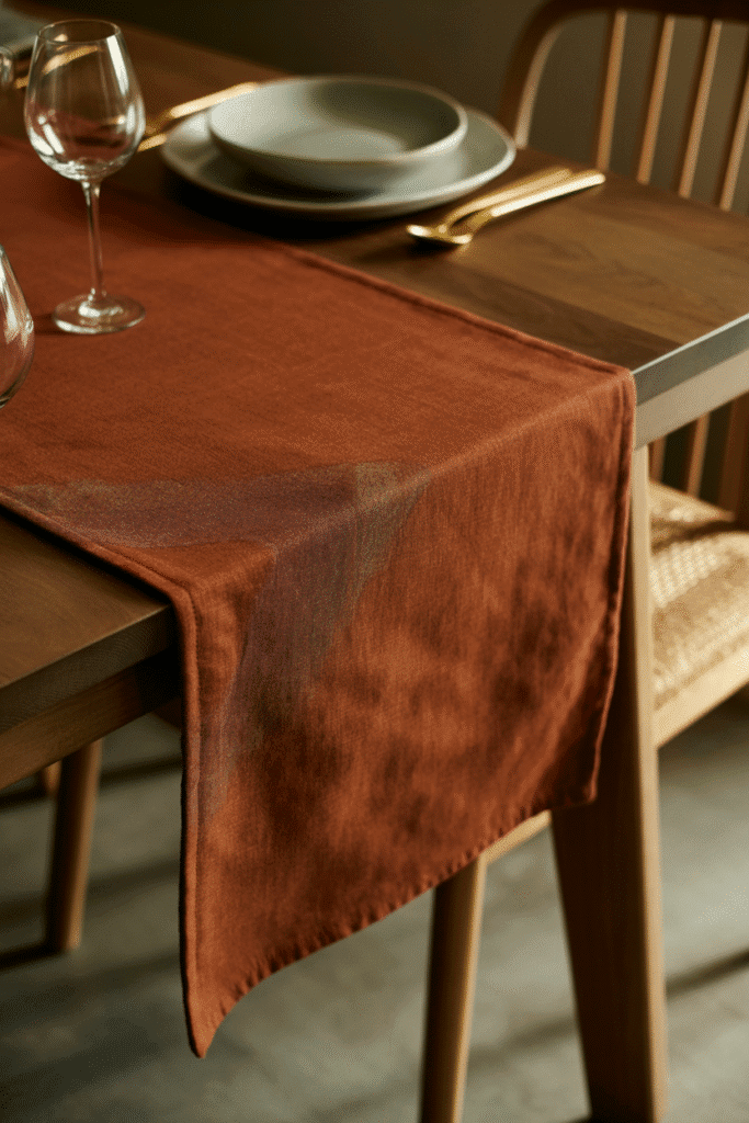 As a part of fall dining room table decor this picture shows
fall dining table with a rust-colored table runner and seasonal decor.