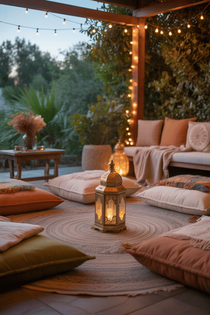 Boho outdoor seating setup with fall floor cushions and pillows.