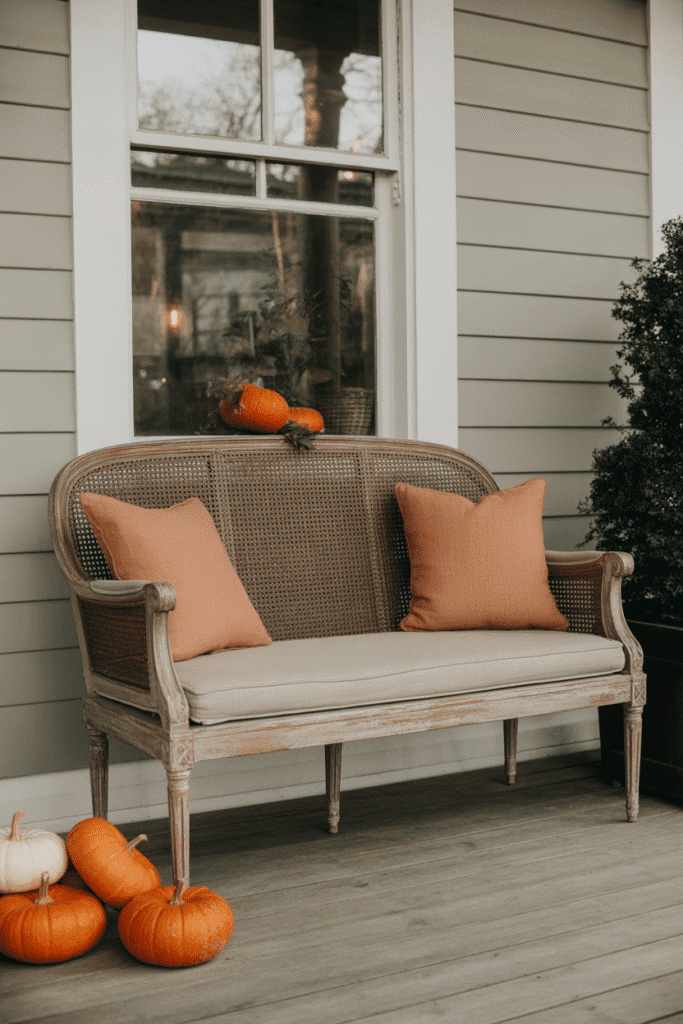 Vintage settee styled as fall porch seating with seasonal decor.