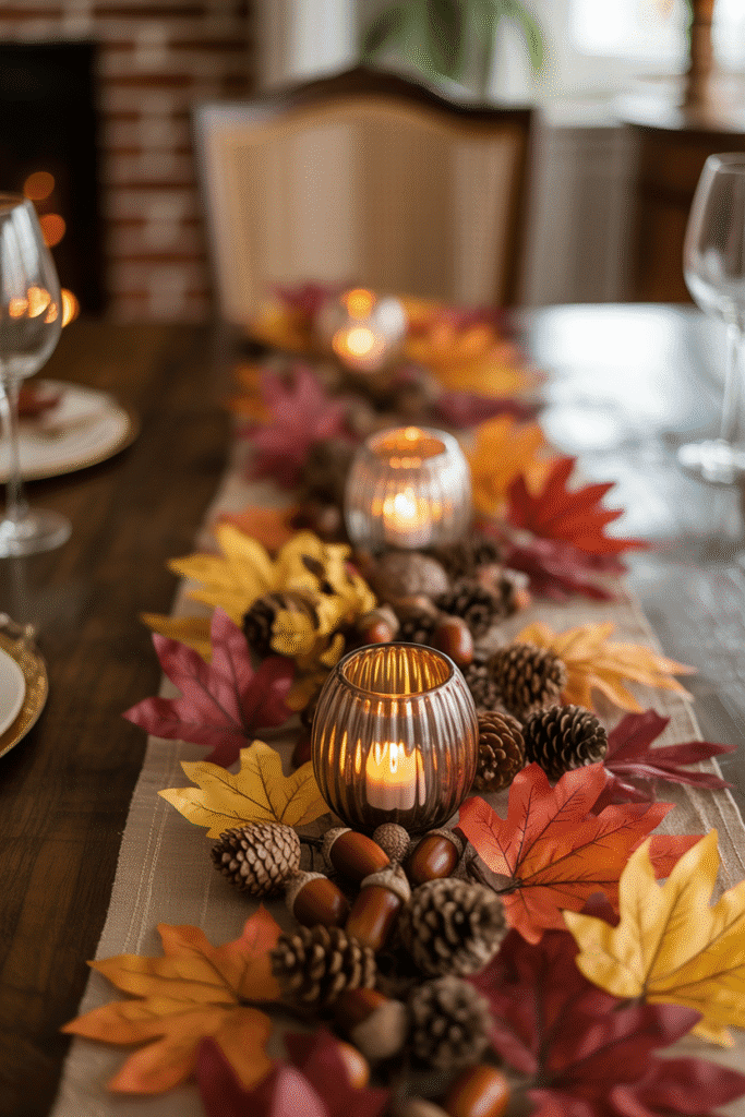 Natural fall elements like leaves and acorns scattered across a dining table.