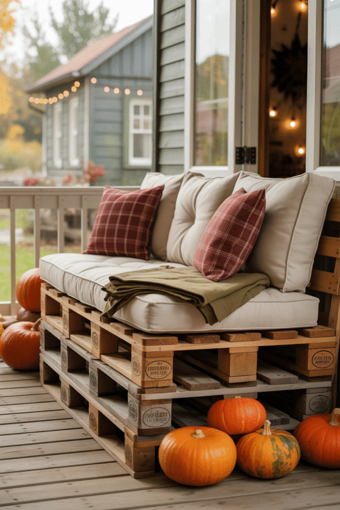 Budget-friendly fall pallet seating with cozy decor.