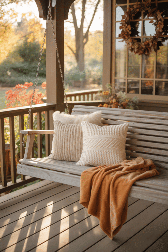 Fall-ready porch swing with seasonal pillows and decor.