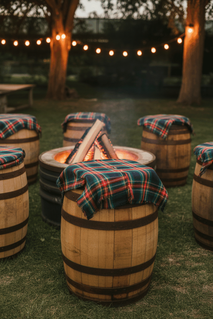 Barrel stools around a fire pit decorated for fall.