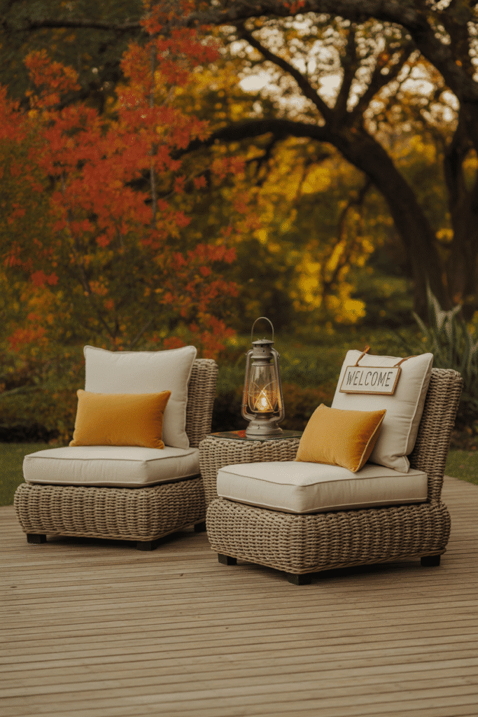 Fall outdoor seating with rattan chairs and warm accents.