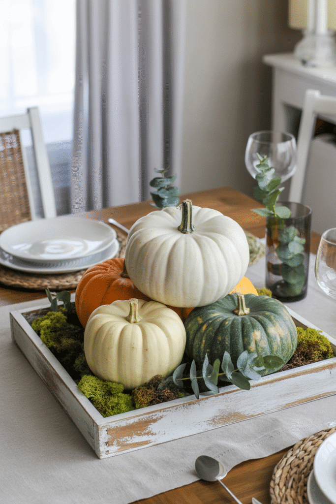 Fall centerpiece with layered pumpkins and greenery in a wooden tray.