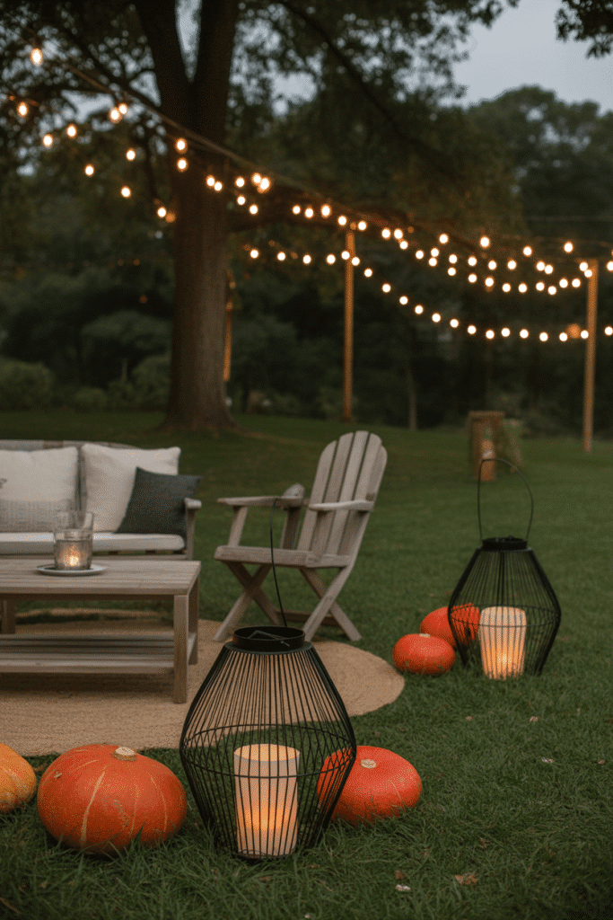 Fall ambiance with lanterns illuminating a cozy outdoor space.