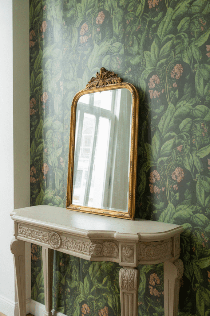 Botanical-patterned peel-and-stick wallpaper adds personality to a stylish entryway.