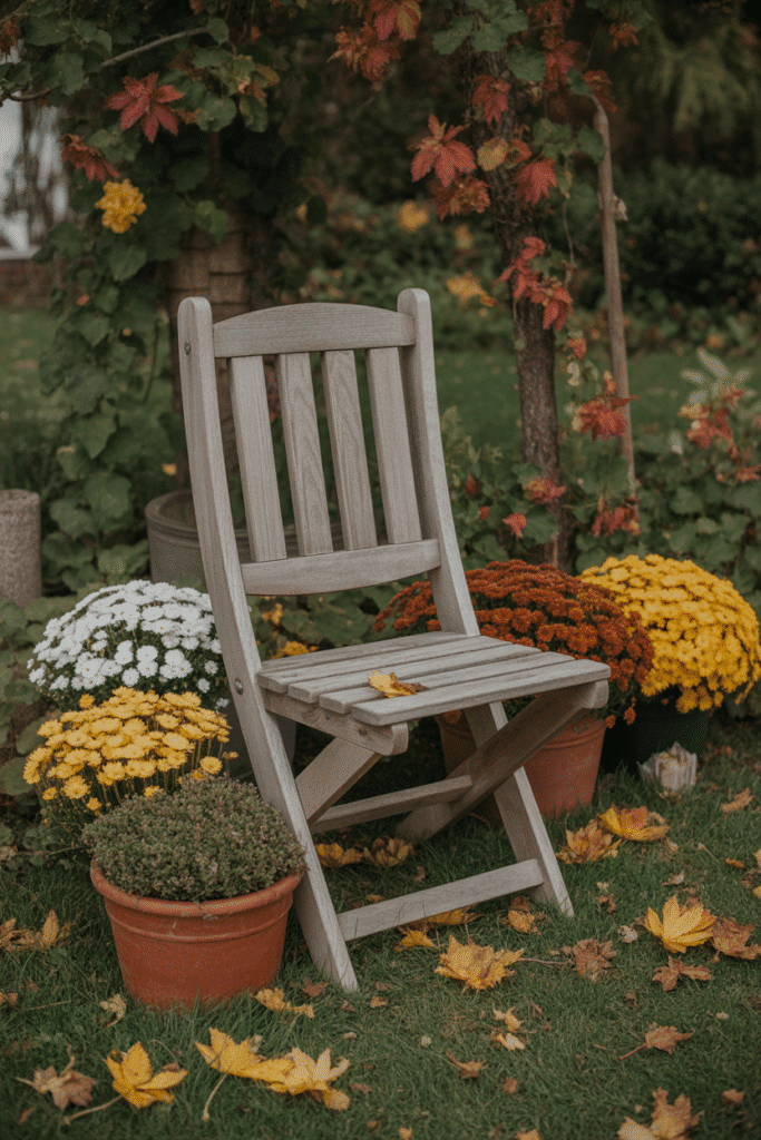 Fall garden seating tucked in a leafy corner.
