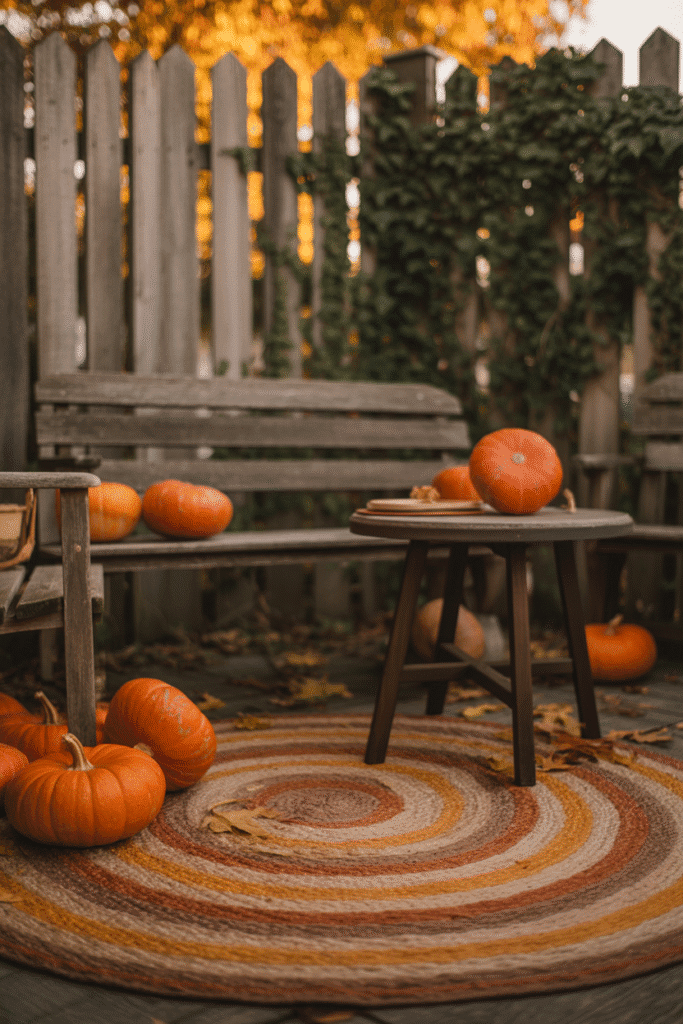 Cozy fall seating area grounded with a seasonal outdoor rug.