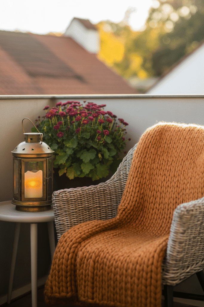 Fall balcony nook with cozy seating and warm lighting.