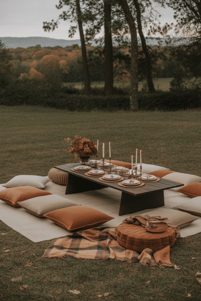Fall floor seating with picnic setup and cozy textiles.