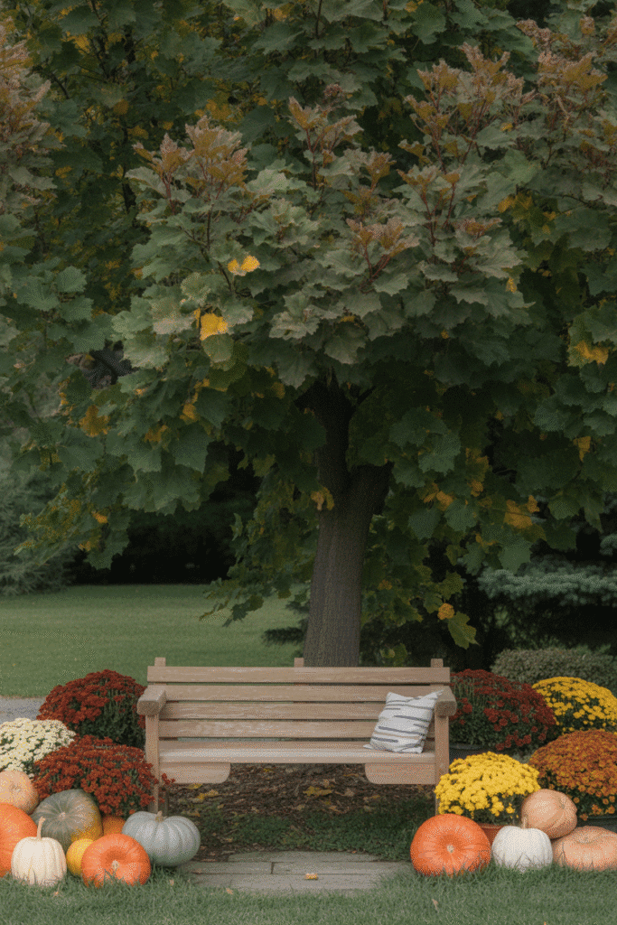 Fall garden bench surrounded by blooming mums and pumpkins.