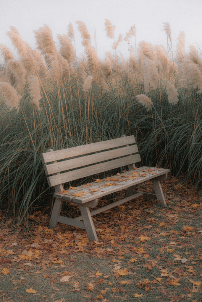 Fall outdoor seating area framed with tall ornamental grasses.