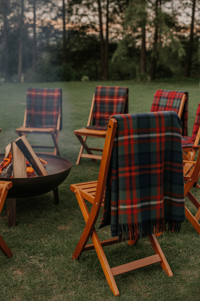 Pop-up fall seating with folding chairs and seasonal blankets.