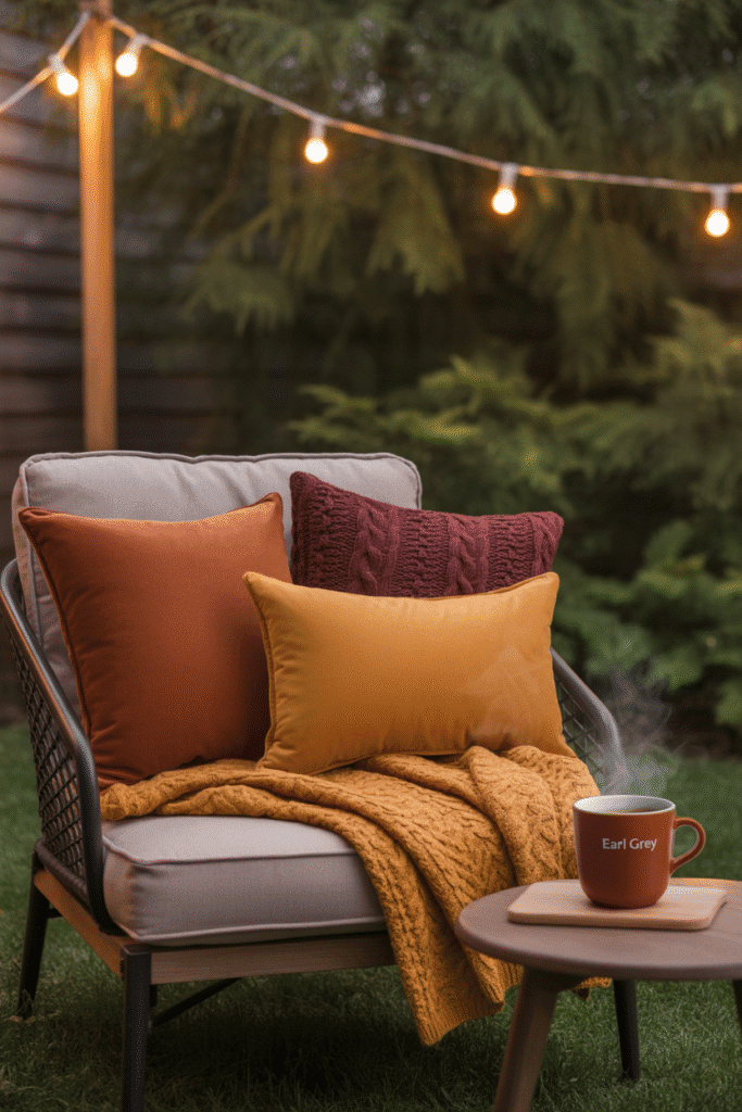 Private fall outdoor retreat with a cozy chair and autumn ambiance.