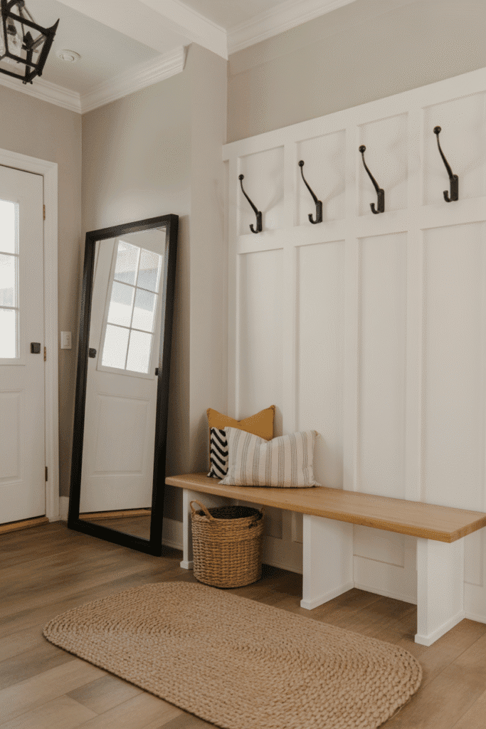 Classic board and batten paneling creates texture and timeless appeal in the entryway.