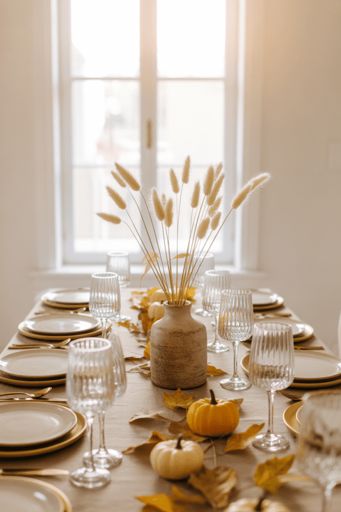 Neutral dried flower arrangement as a fall dining table centerpiece.