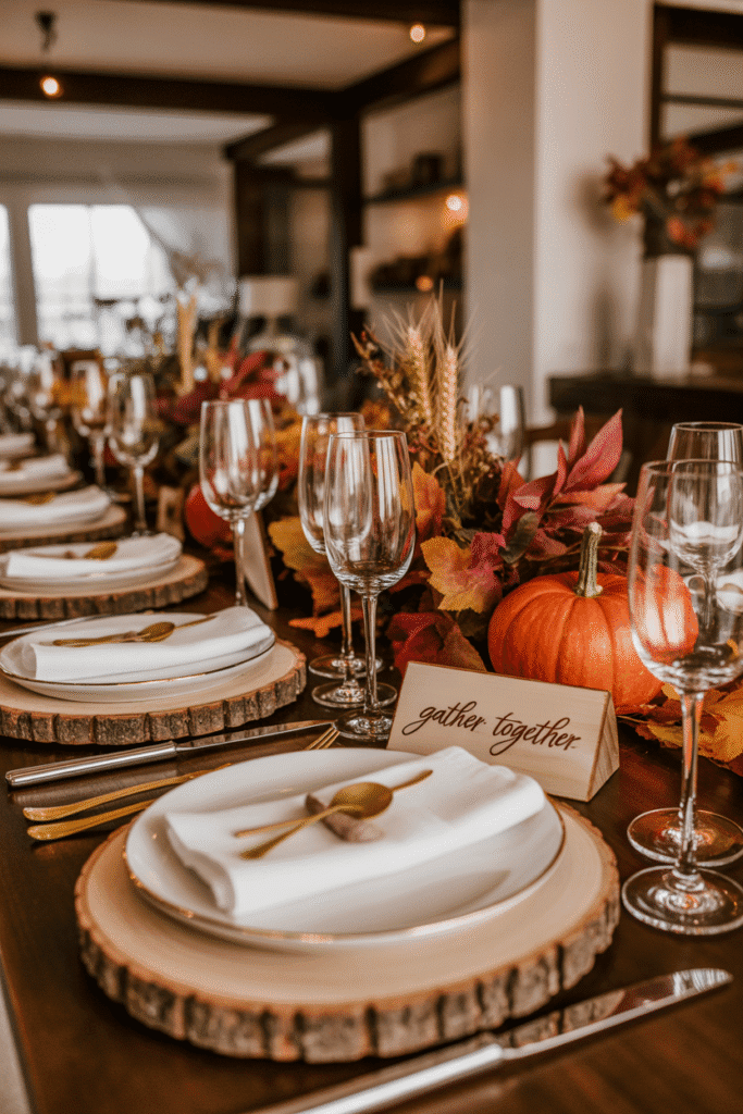 Personalized place settings with mini pumpkins and name cards.