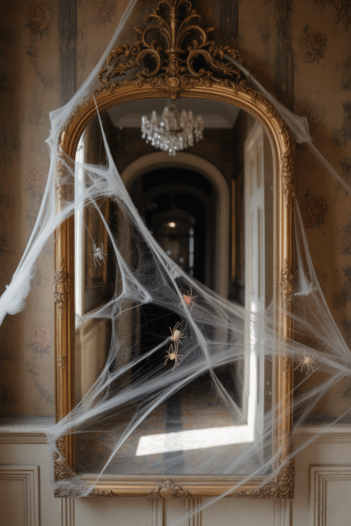As a part of halloween house decor ideas this picture shows Halloween cobwebs hanging from a mirror and chandelier for a haunted look.