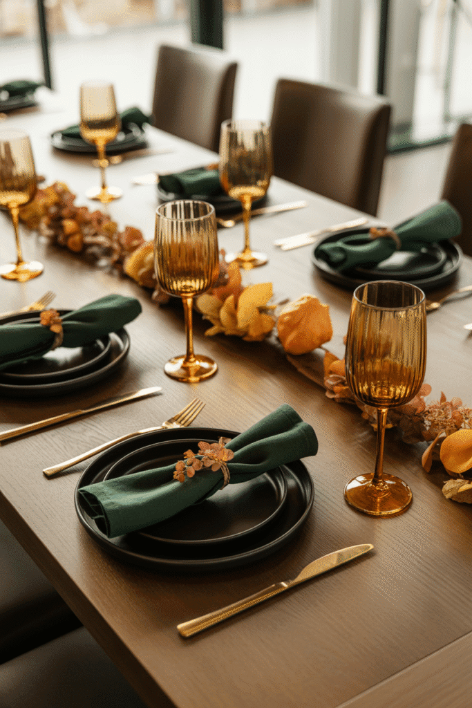 Moody fall dining table with deep colors and dramatic tones.