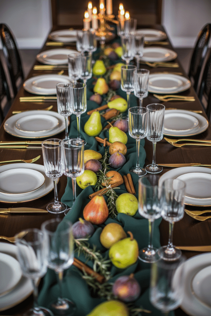 Fall dining table centerpiece made with fresh seasonal fruit and foliage.