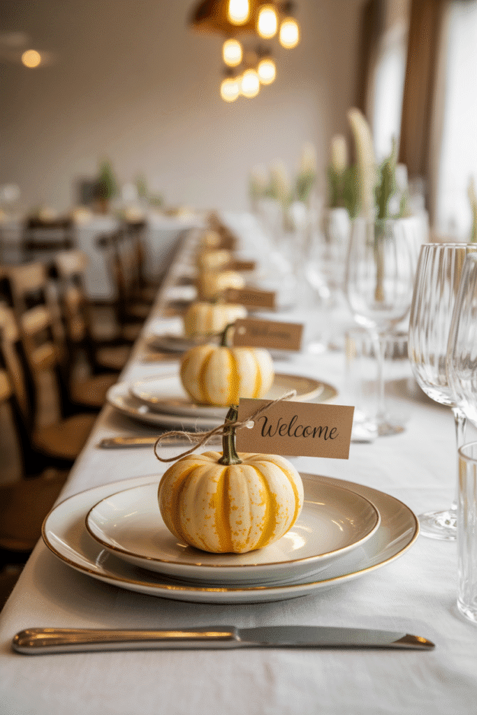 Personalized place settings with mini pumpkins and name cards.
