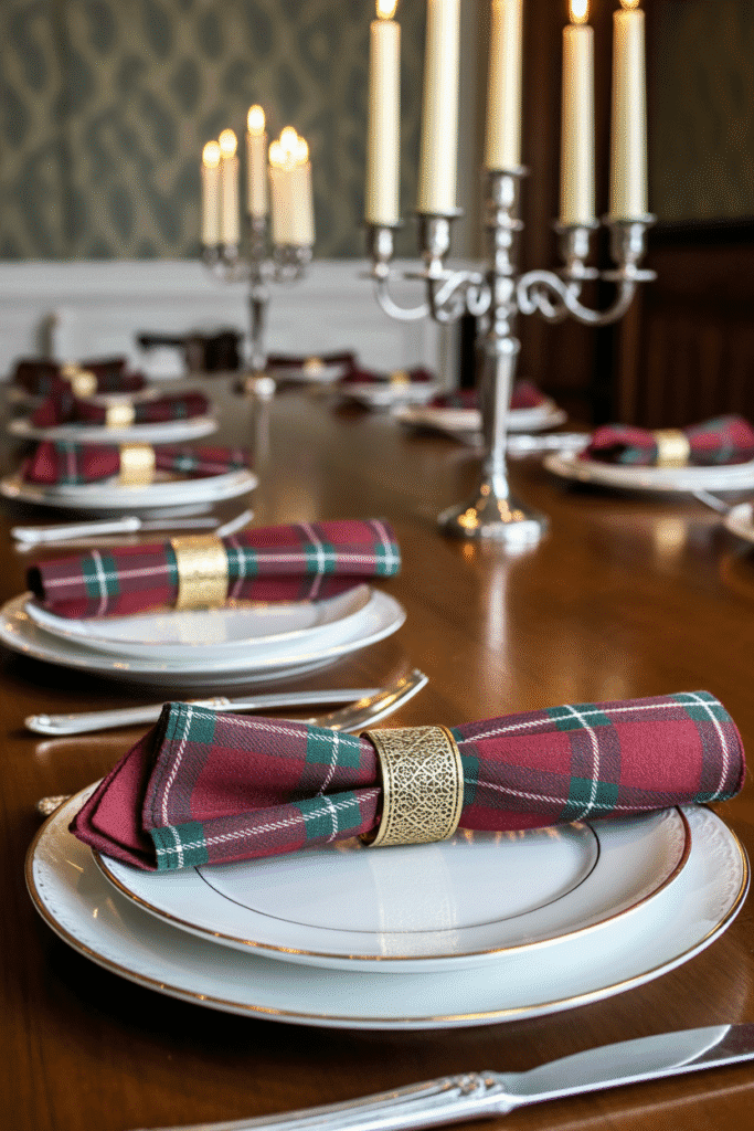 Fabric napkins with plaid fall designs on a seasonal tablescape.