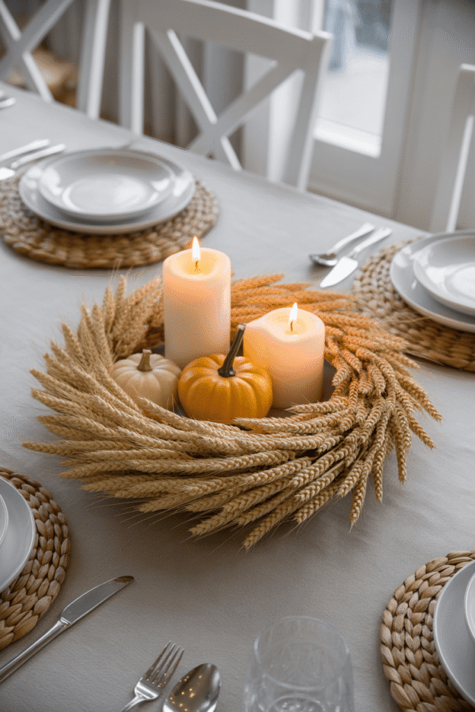 Fall table centerpiece using a flat wreath with seasonal accents.