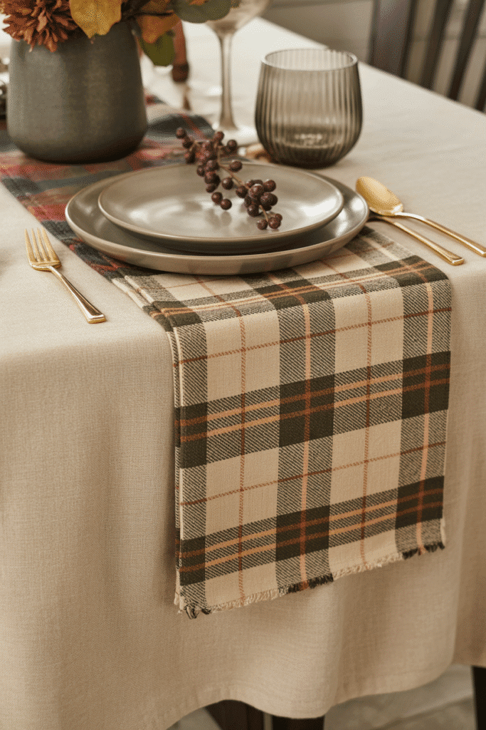 Layered fall table with a plaid runner and soft linen cloth underneath.