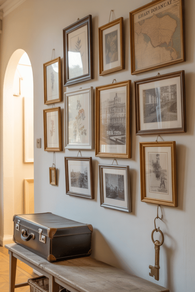 Gallery wall filled with mixed frames and personal art brings warmth to the entry space.