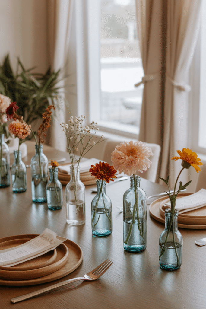 Fall dining table with mini vases holding seasonal single-stem flowers.