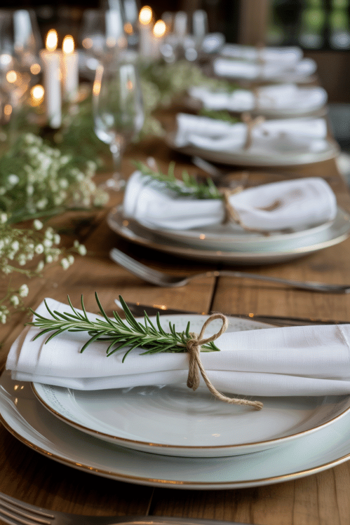Rustic fall napkins tied with herbs and twine for natural charm.