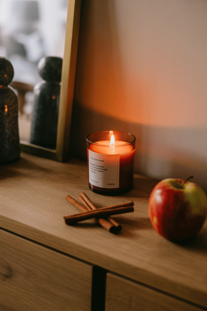 Cozy fall candle glowing beside a warmly styled dining table.