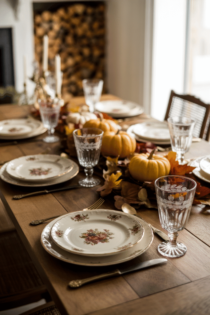 Fall dining table styled with vintage dishes and heirloom charm.