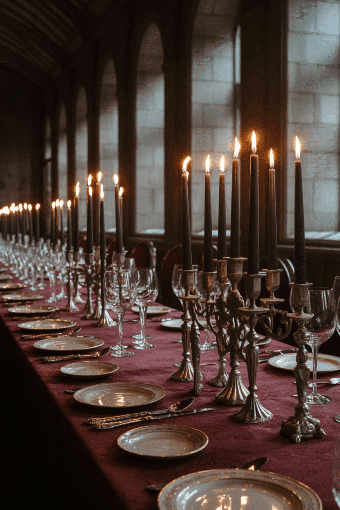 Black Halloween candles creating a spooky, moody atmosphere.