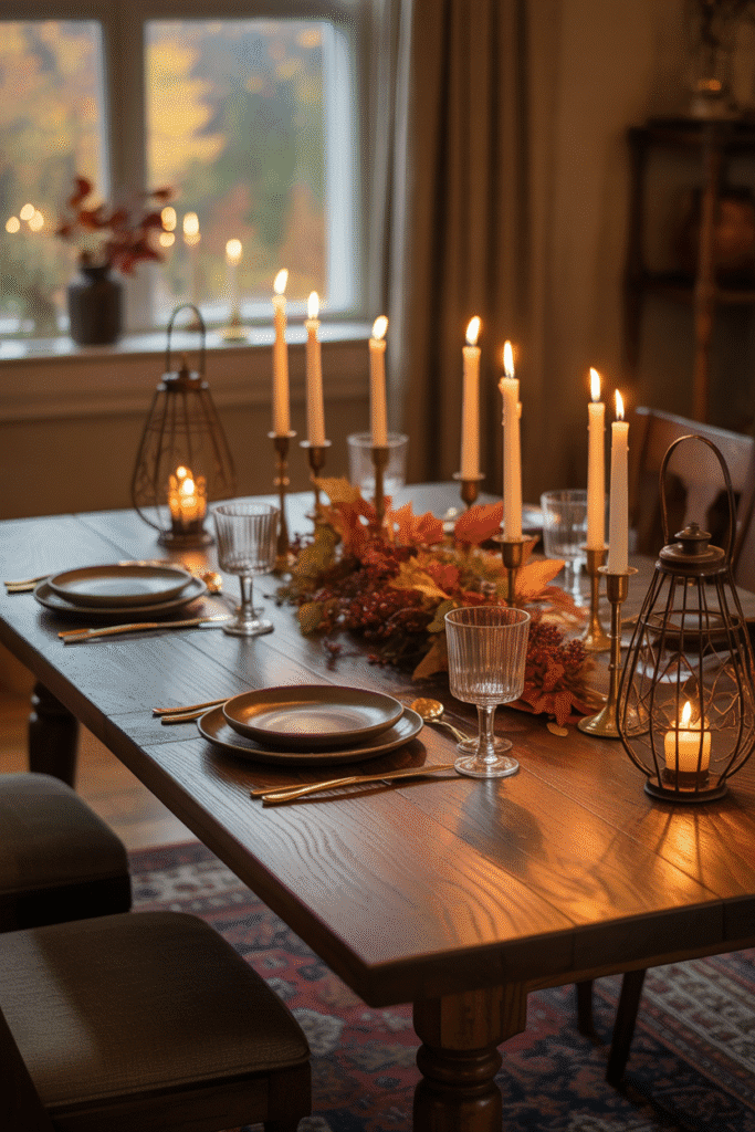 Candles and lanterns creating warm ambiance on a fall table.