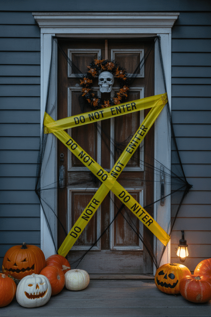Haunted house-themed Halloween front door with creepy decor.