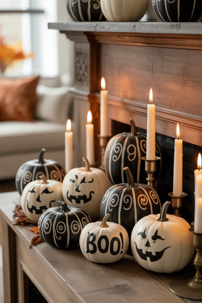 Monochrome Halloween pumpkins in black and white for chic seasonal decor.